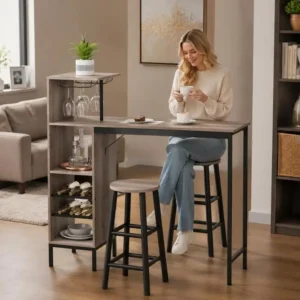 Set tavolo da bar in 3 pezzi con contenitore, portabottiglie, portabicchieri, sgabelli con poggiapiedi, per piccoli spazi, grigio