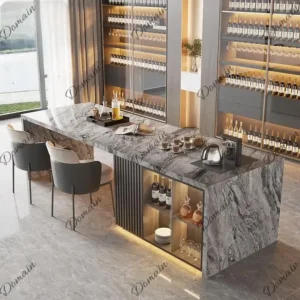 Isola da cucina in marmo di lusso, personalizzabile in qualsiasi dimensione, con lavello integrato, mobiletto a 2 livelli e armadietto aperto per la cucina.
